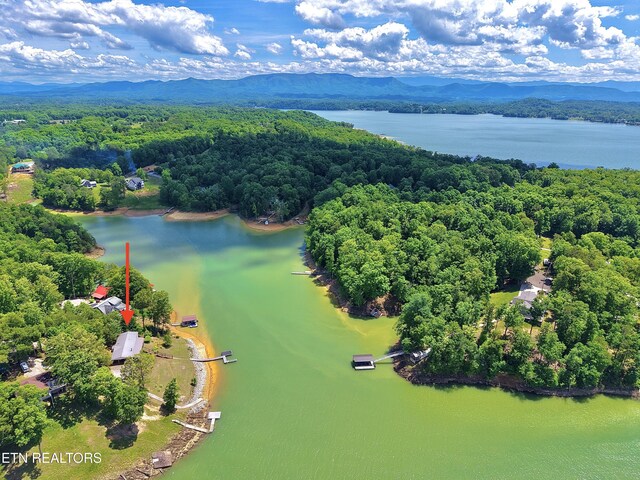 drone / aerial view of a heavily wooded area and a water and mountain view