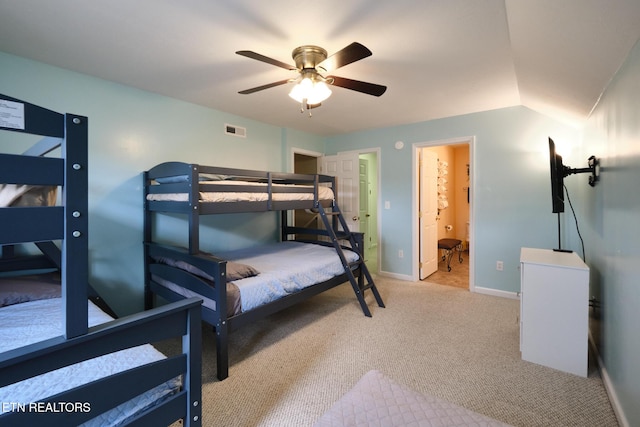 bedroom featuring light carpet, baseboards, and a ceiling fan
