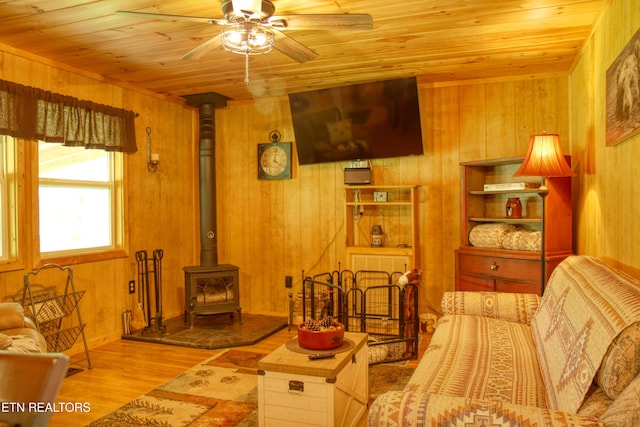 112 Auda Story, Jamestown, TN 38556 - living area with a wood stove, wooden walls, wood ceiling, ceiling fan, and wood finished floors