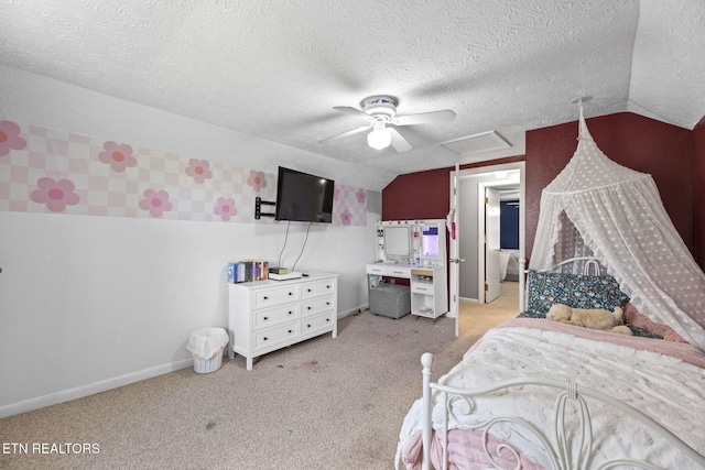 313 Lamar Ave, Clinton, TN 37716 - bedroom with a textured ceiling, vaulted ceiling, light carpet, attic access, and baseboards