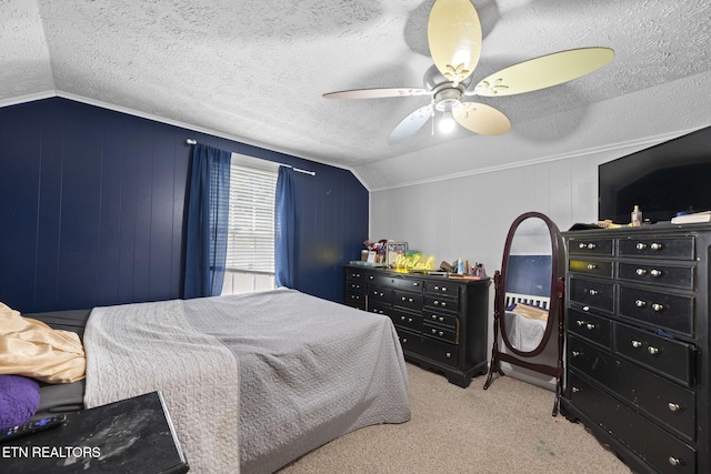313 Lamar Ave, Clinton, TN 37716 - bedroom featuring vaulted ceiling, a textured ceiling, carpet flooring, and ceiling fan