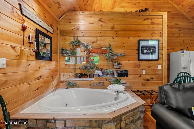 full bathroom featuring wooden walls, a jetted tub, and wooden ceiling