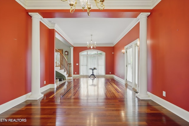 6005 Powell Valley Rd, Big Stone Gap, VA 24219 - foyer entrance with a chandelier, decorative columns, wood-type flooring, and crown molding