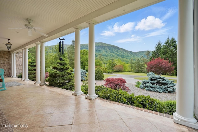 6005 Powell Valley Rd, Big Stone Gap, VA 24219 - view of patio / terrace featuring ceiling fan, a mountain view, and covered porch