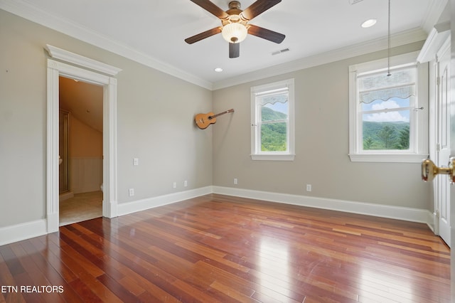 6005 Powell Valley Rd, Big Stone Gap, VA 24219 - unfurnished bedroom with hardwood / wood-style floors, crown molding, baseboards, a ceiling fan, and recessed lighting