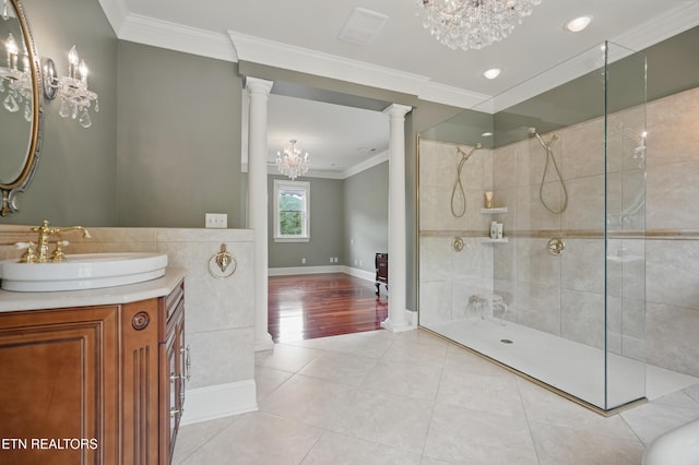 6005 Powell Valley Rd, Big Stone Gap, VA 24219 - bathroom with a chandelier, decorative columns, tile patterned floors, crown molding, and walk in shower