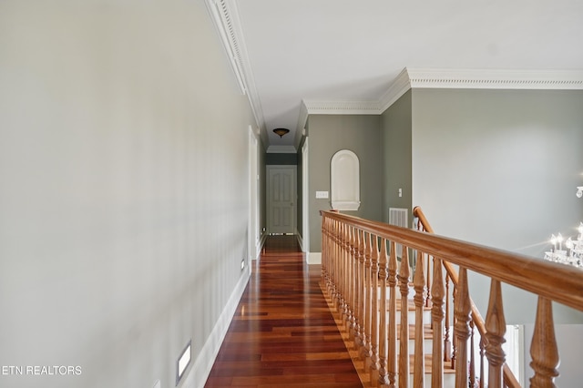 6005 Powell Valley Rd, Big Stone Gap, VA 24219 - corridor featuring ornamental molding, wood finished floors, and an upstairs landing