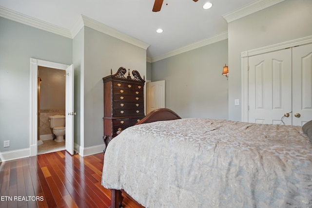 6005 Powell Valley Rd, Big Stone Gap, VA 24219 - bedroom featuring dark wood finished floors, a closet, baseboards, crown molding, and recessed lighting