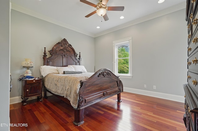6005 Powell Valley Rd, Big Stone Gap, VA 24219 - bedroom with baseboards, dark wood finished floors, recessed lighting, ornamental molding, and ceiling fan