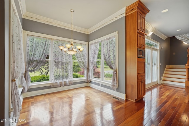 6005 Powell Valley Rd, Big Stone Gap, VA 24219 - unfurnished dining area featuring baseboards, a chandelier, healthy amount of natural light, ornamental molding, and stairway