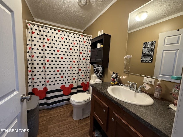 332 Tomlinson Rd, Pennington Gap, VA 24277 - full bathroom with a textured ceiling, wood finished floors, vanity, toilet, and a shower with shower curtain
