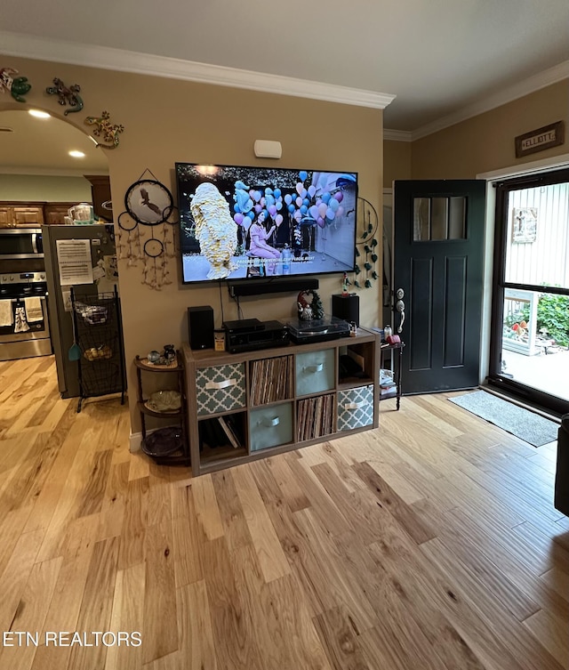 1923 Big Chiefs Skyview Dr, Sevierville, TN 37876 - living area with ornamental molding, light wood-style flooring, and arched walkways