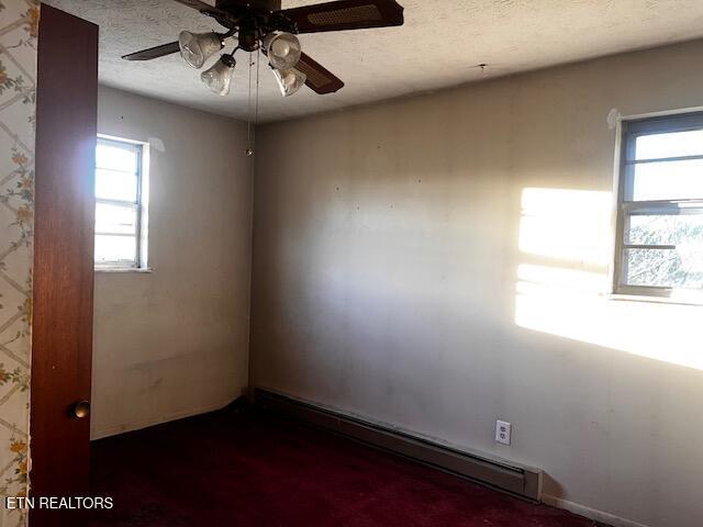 867 Pleasant Ridge Rd, Lafollette, TN 37766 - unfurnished room featuring plenty of natural light, a ceiling fan, a textured ceiling, and baseboard heating