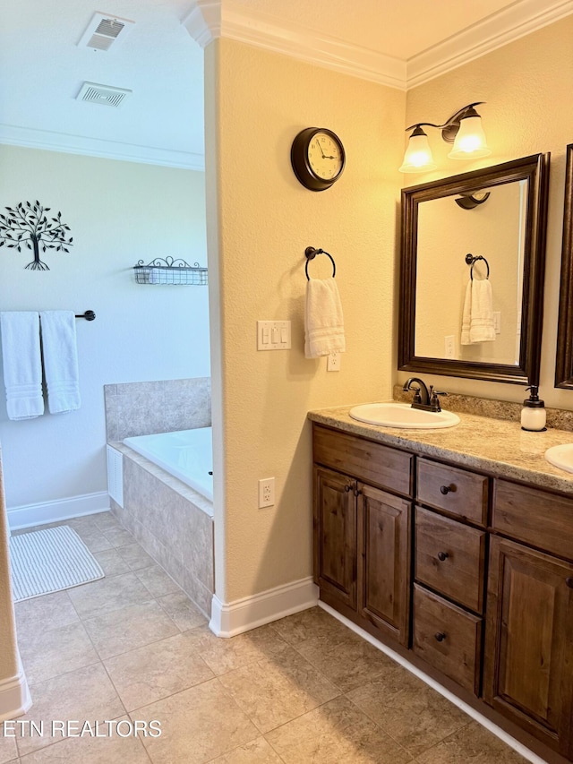 1617 Millstone Dr, Maryville, TN 37803 - bathroom with crown molding, double vanity, a garden tub, baseboards, and tile patterned flooring