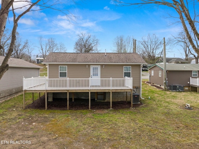 522 Church St, Vonore, TN 37885 - back of property with a wooden deck, central AC unit, a shingled roof, and a yard
