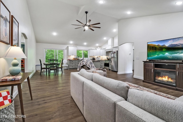 98 Paso Fino Trl, Jamestown, TN 38556 - living area with arched walkways, a glass covered fireplace, high vaulted ceiling, ceiling fan, and dark wood-style flooring