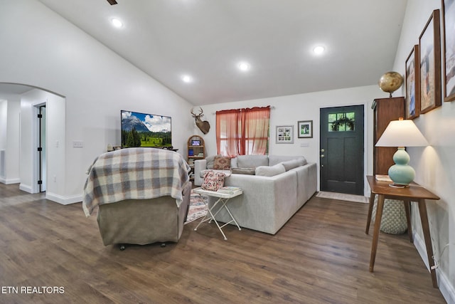 98 Paso Fino Trl, Jamestown, TN 38556 - living room with arched walkways, high vaulted ceiling, dark wood-style flooring, recessed lighting, and baseboards