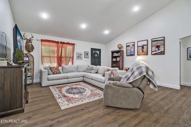 98 Paso Fino Trl, Jamestown, TN 38556 - living area with dark wood finished floors, baseboards, recessed lighting, and high vaulted ceiling