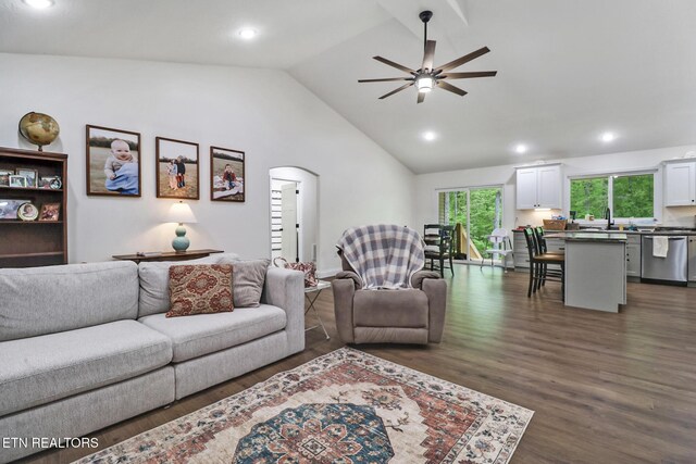 98 Paso Fino Trl, Jamestown, TN 38556 - living area featuring ceiling fan, lofted ceiling, dark wood finished floors, recessed lighting, and arched walkways