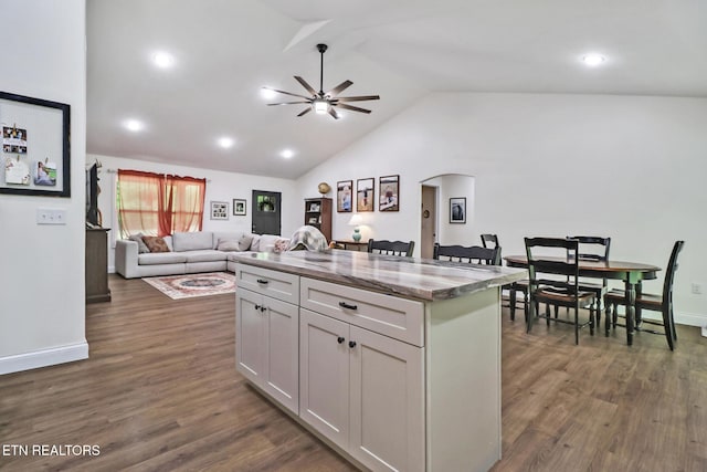98 Paso Fino Trl, Jamestown, TN 38556 - kitchen with ceiling fan, arched walkways, vaulted ceiling, a center island, and dark wood-type flooring