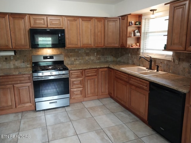 3381 Upper Caney Valley Rd, Tazewell, TN 37879 - kitchen with black appliances, a sink, brown cabinets, and tasteful backsplash