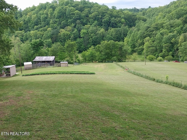 3381 Upper Caney Valley Rd, Tazewell, TN 37879 - view of yard with an outbuilding, a storage unit, and a wooded view