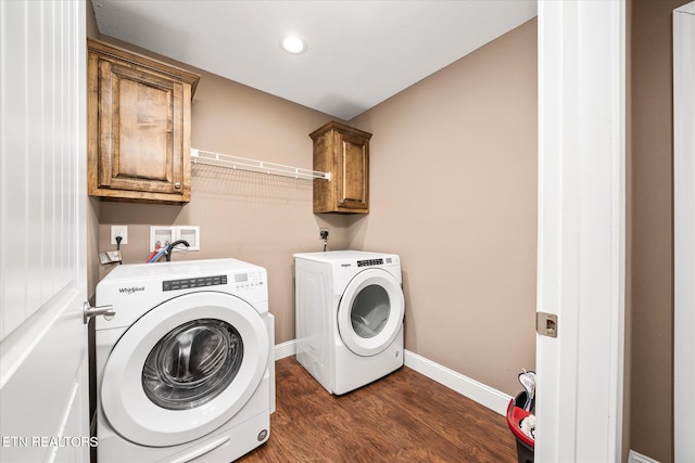 2689 Spruce Loop, Crossville, TN 38555 - laundry room with cabinet space, washer and clothes dryer, dark wood finished floors, baseboards, and recessed lighting