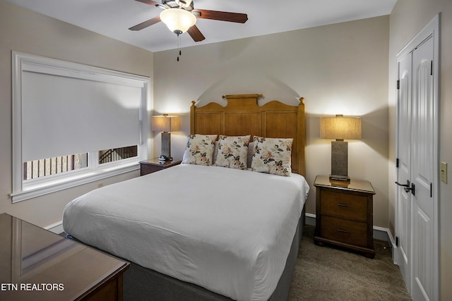 bedroom featuring carpet and ceiling fan