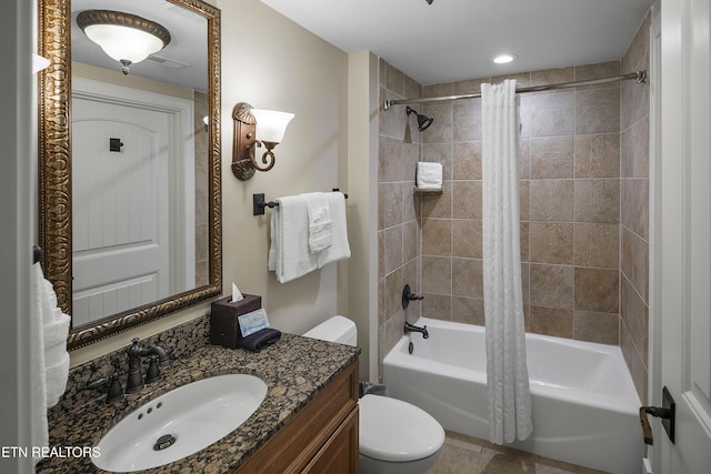 bathroom featuring shower / bathtub combination with curtain, toilet, and vanity