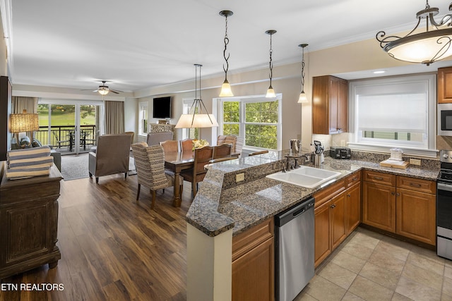 kitchen featuring stainless steel appliances, a sink, open floor plan, healthy amount of natural light, and ornamental molding