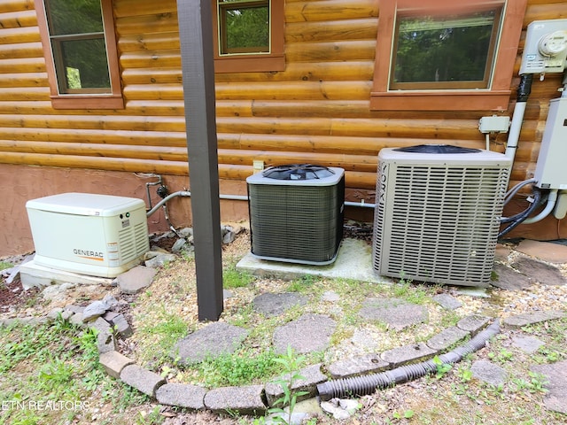 exterior view of central AC, a power unit, electric meter, and log veneer siding