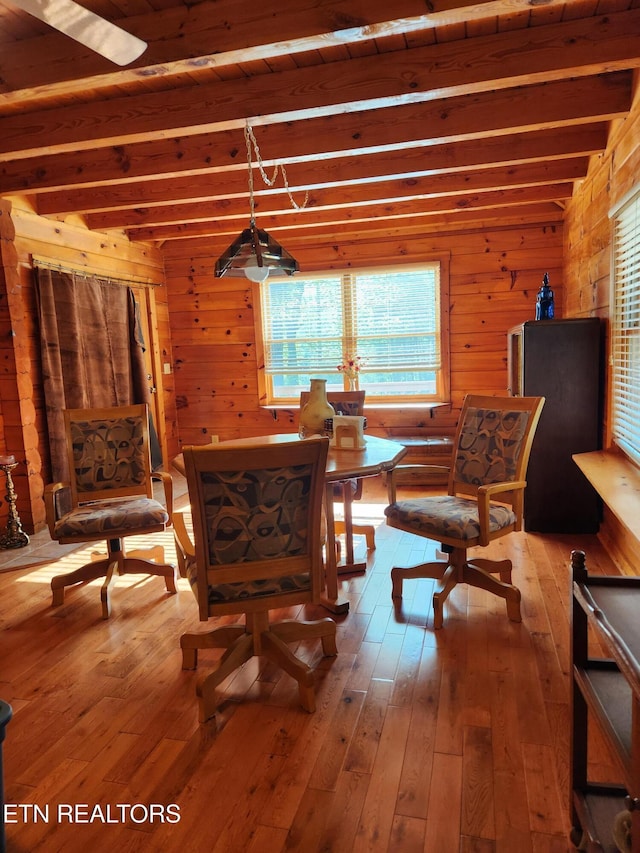 sitting room featuring beam ceiling, hardwood / wood-style flooring, and wooden walls