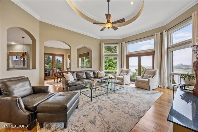 200 Bluffton Rd, Friendsville, TN 37737 - living area featuring ceiling fan, a tray ceiling, ornamental molding, wood finished floors, and arched walkways