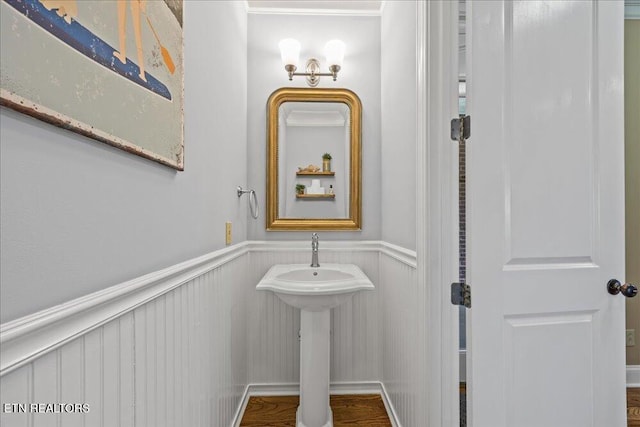 200 Bluffton Rd, Friendsville, TN 37737 - bathroom with a wainscoted wall, a decorative wall, and wood finished floors