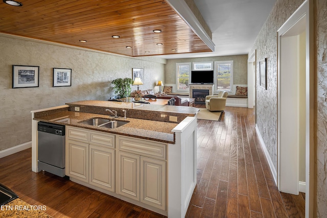 kitchen with cream cabinetry, a sink, dishwasher, dark wood-type flooring, and wood ceiling