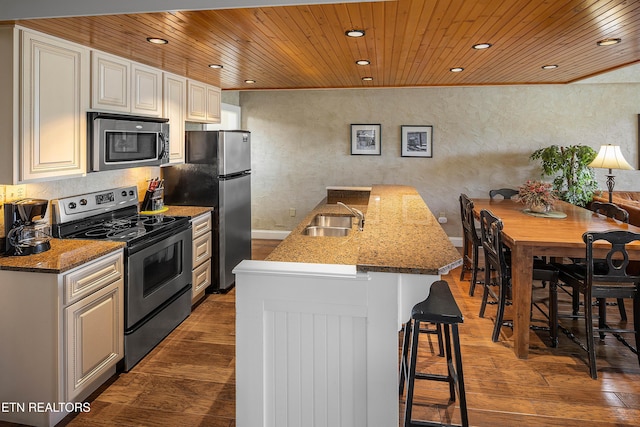 kitchen with appliances with stainless steel finishes, dark wood finished floors, a sink, a kitchen bar, and a peninsula