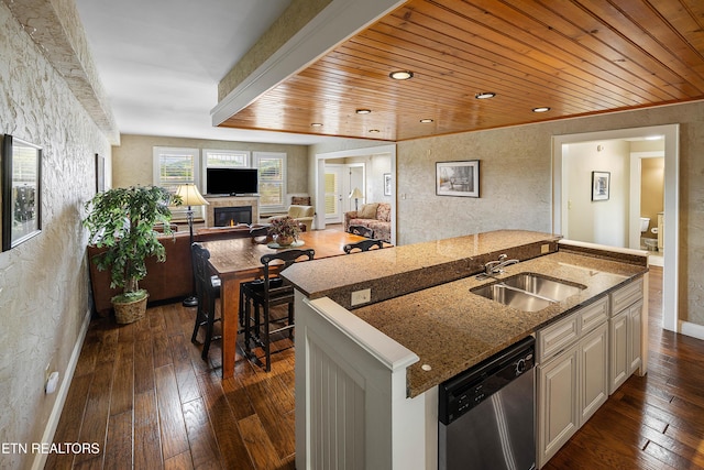 kitchen featuring a sink, dishwasher, open floor plan, dark wood finished floors, and wood ceiling