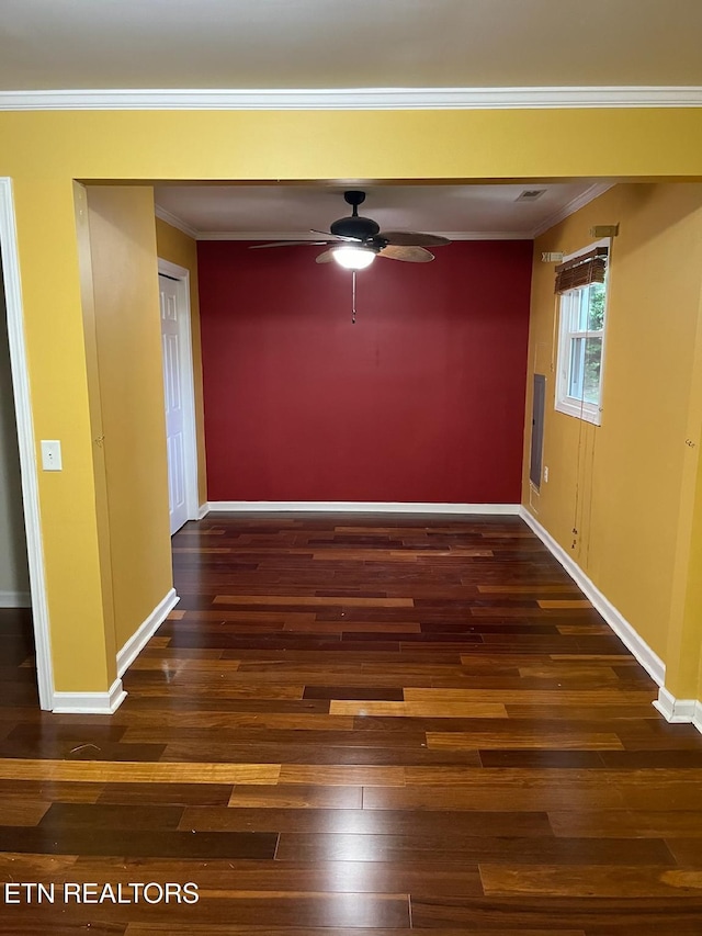 180 Cedar Ln, Jacksboro, TN 37757 - spare room with ceiling fan, dark wood-type flooring, ornamental molding, baseboards, and electric panel