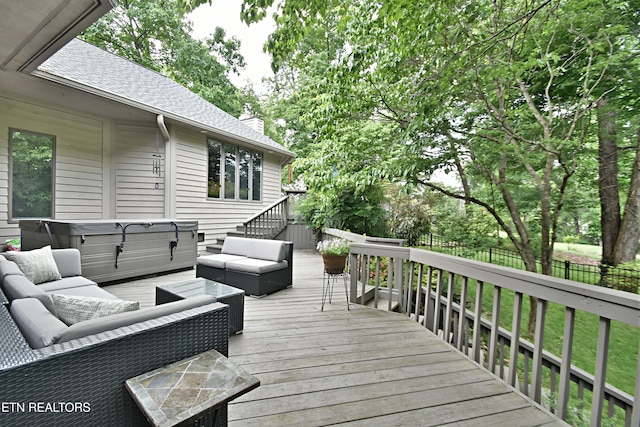 12212 Oakmont Cir, Knoxville, TN 37934 - wooden deck featuring a hot tub, an outdoor hangout area, and fence