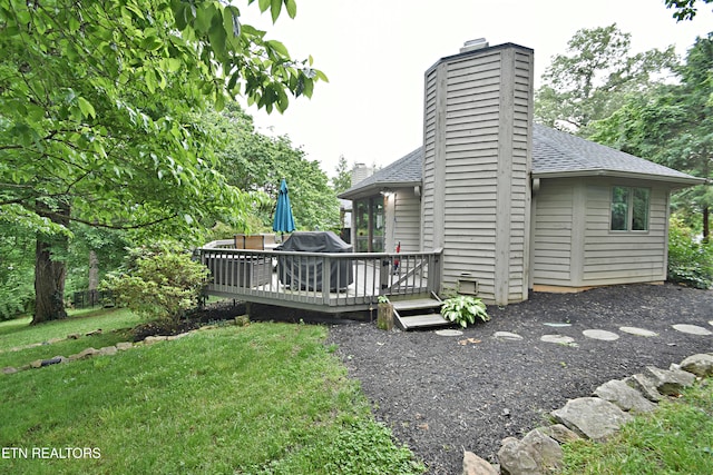 12212 Oakmont Cir, Knoxville, TN 37934 - rear view of property with a chimney, a shingled roof, a wooden deck, and a yard