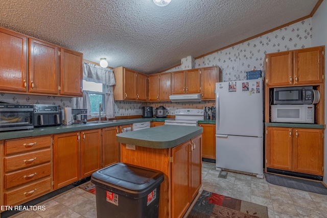 384 Lancer Rd, Harriman, TN 37748 - kitchen featuring white appliances, vaulted ceiling, a sink, crown molding, and a textured ceiling