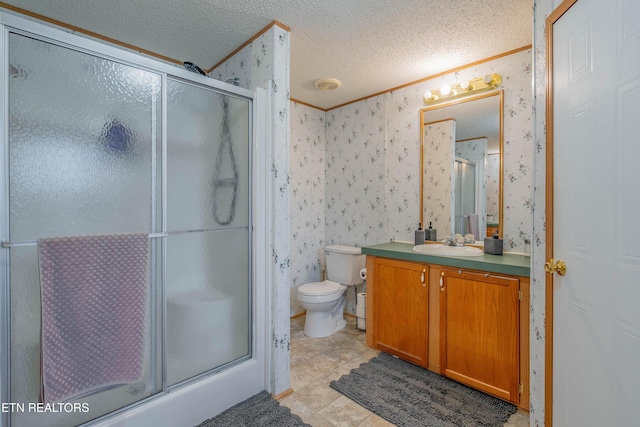 384 Lancer Rd, Harriman, TN 37748 - full bath with wallpapered walls, a shower stall, a textured ceiling, vanity, and toilet