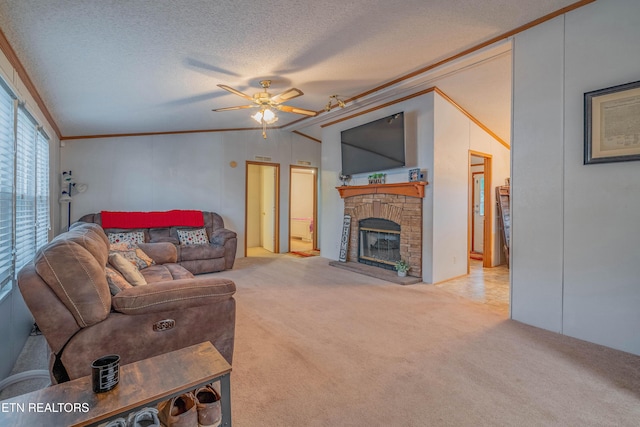 384 Lancer Rd, Harriman, TN 37748 - living room featuring crown molding, carpet flooring, ceiling fan, a fireplace, and a textured ceiling