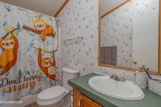 384 Lancer Rd, Harriman, TN 37748 - full bathroom with wallpapered walls, crown molding, a textured ceiling, toilet, and vanity