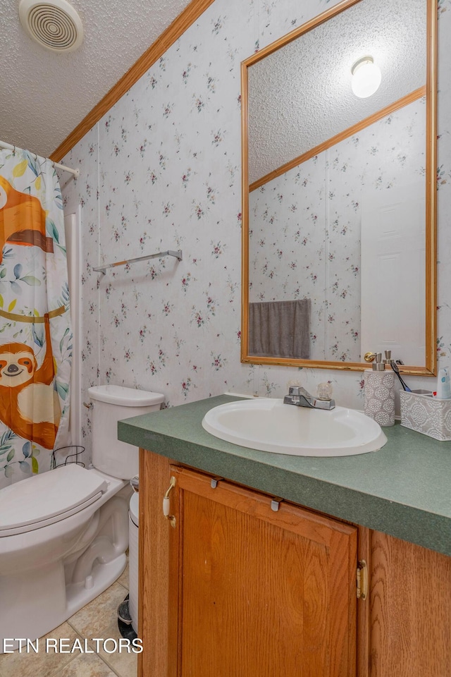 384 Lancer Rd, Harriman, TN 37748 - bathroom with wallpapered walls, ornamental molding, toilet, vanity, and a textured ceiling