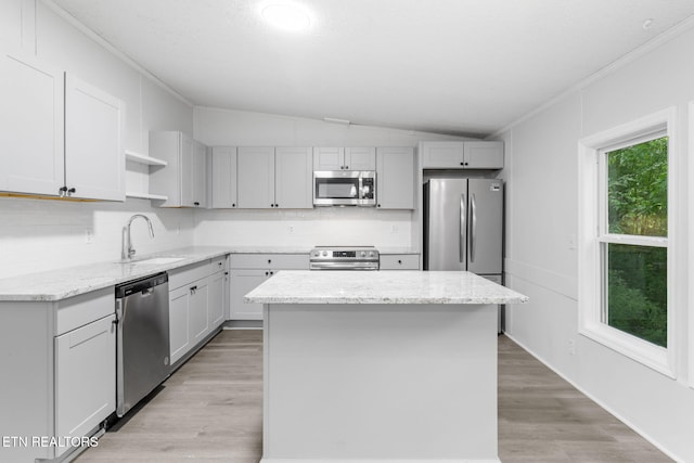 4817 Howardsville Rd, Apison, TN 37302 - kitchen with appliances with stainless steel finishes, a sink, open shelves, vaulted ceiling, and backsplash