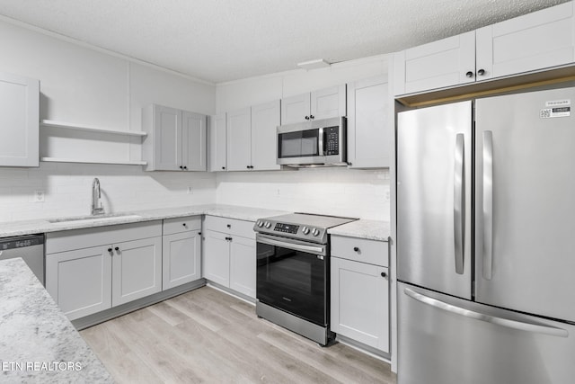 4817 Howardsville Rd, Apison, TN 37302 - kitchen with stainless steel appliances, a sink, light wood-style floors, decorative backsplash, and a textured ceiling