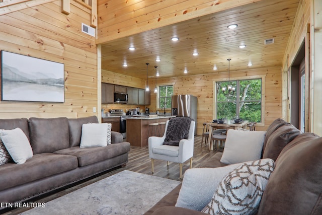 living area featuring wooden walls, recessed lighting, dark wood finished floors, and wood ceiling