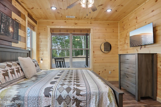bedroom with wood ceiling, wooden walls, recessed lighting, and wood finished floors
