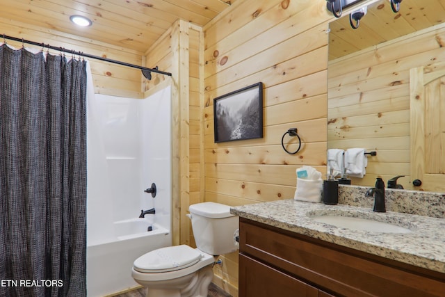 full bathroom with wooden walls, toilet, shower / bath combo with shower curtain, vanity, and wood ceiling
